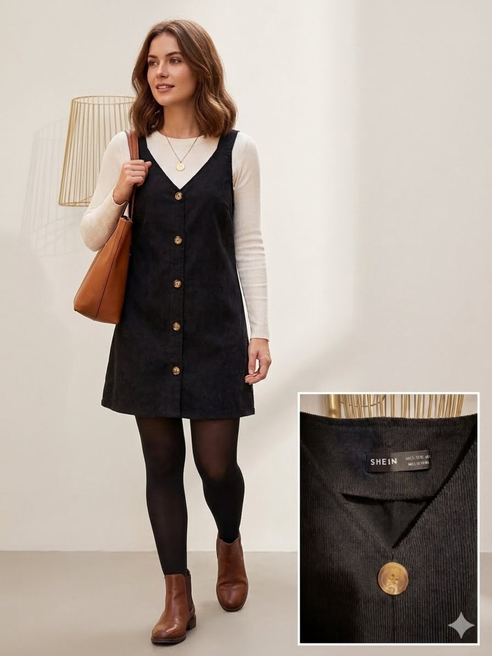 Black Corduroy Button Front Overall Pinafore Mini Dress Size S Boho